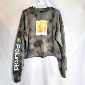 Polaroid Women's Cropped Crew Neck Gray Tie Dyed Graphic Sweatshirt Size XXL